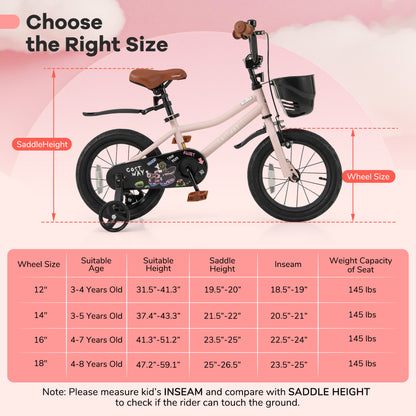 14 Inches Kids Bike With Basket, Adjustable Handlebar, 3-5 Years, Pink