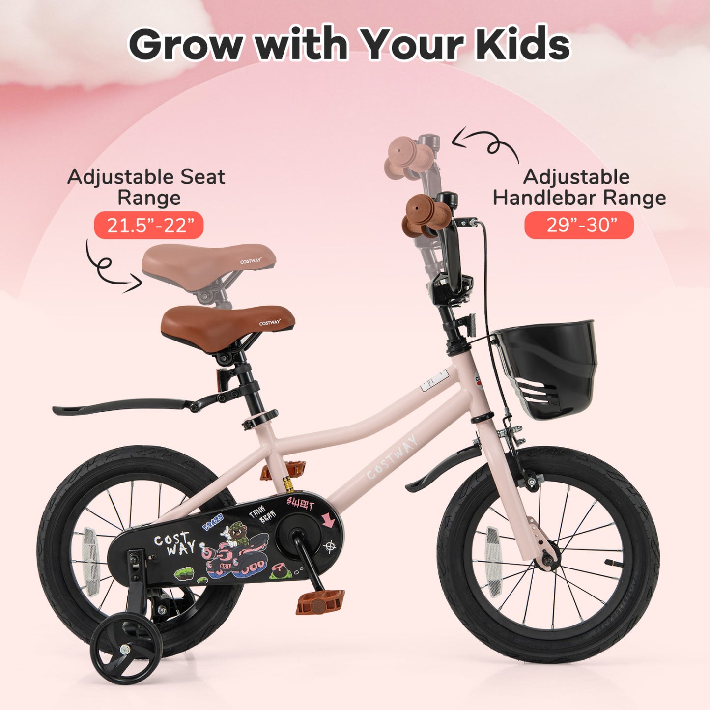 14 Inches Kids Bike With Basket, Adjustable Handlebar, 3-5 Years, Pink