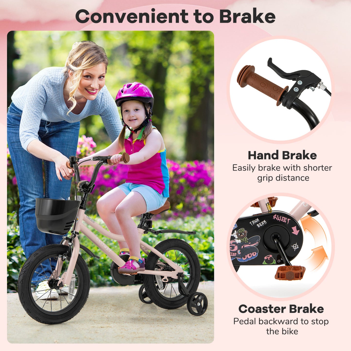14 Inches Kids Bike With Basket, Adjustable Handlebar, 3-5 Years, Pink