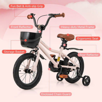 14 Inches Kids Bike With Basket, Adjustable Handlebar, 3-5 Years, Pink