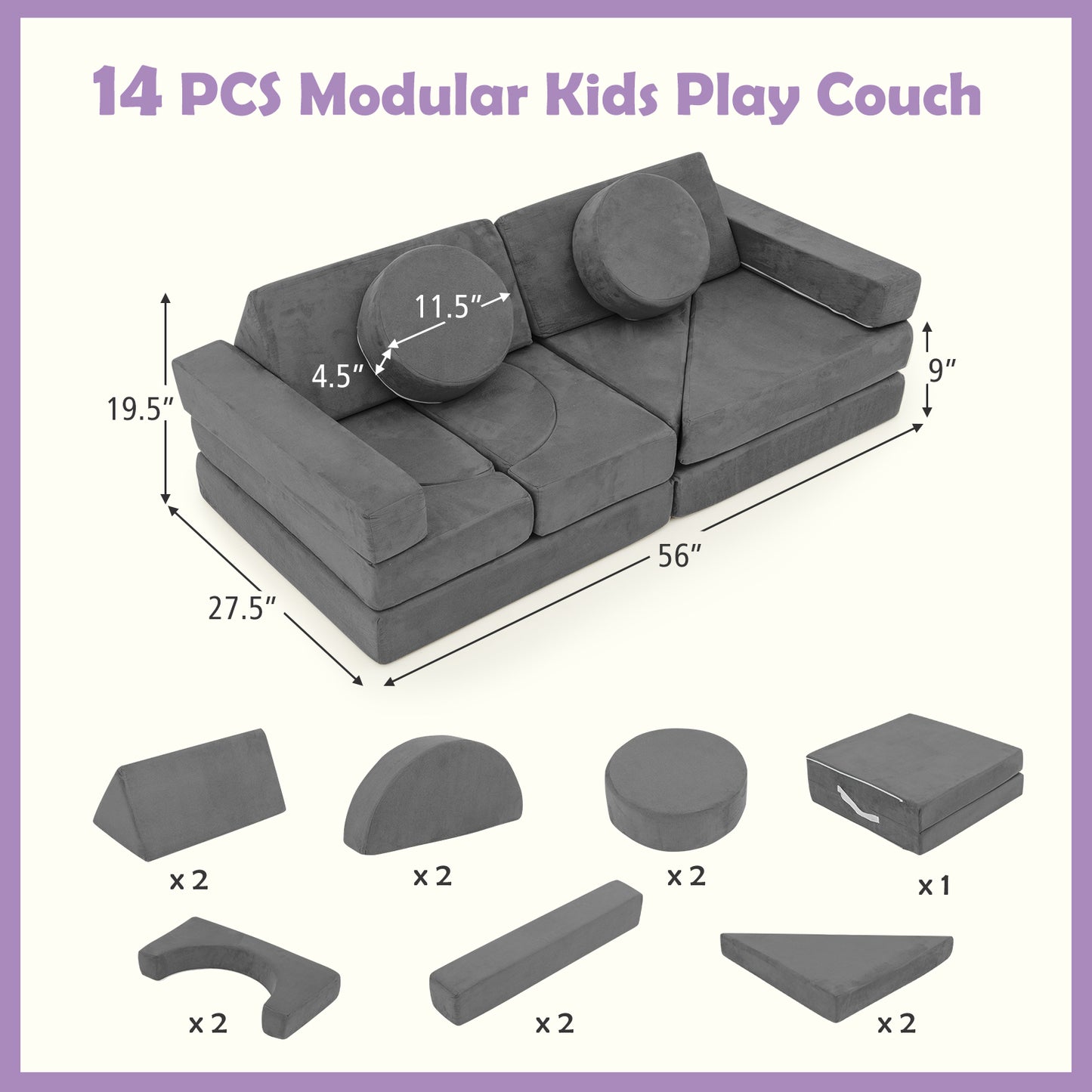 14 PCS Modular Kids Play Couch for Playroom and Bedroom, Gray Kids Chairs & Seating at Gallery Canada