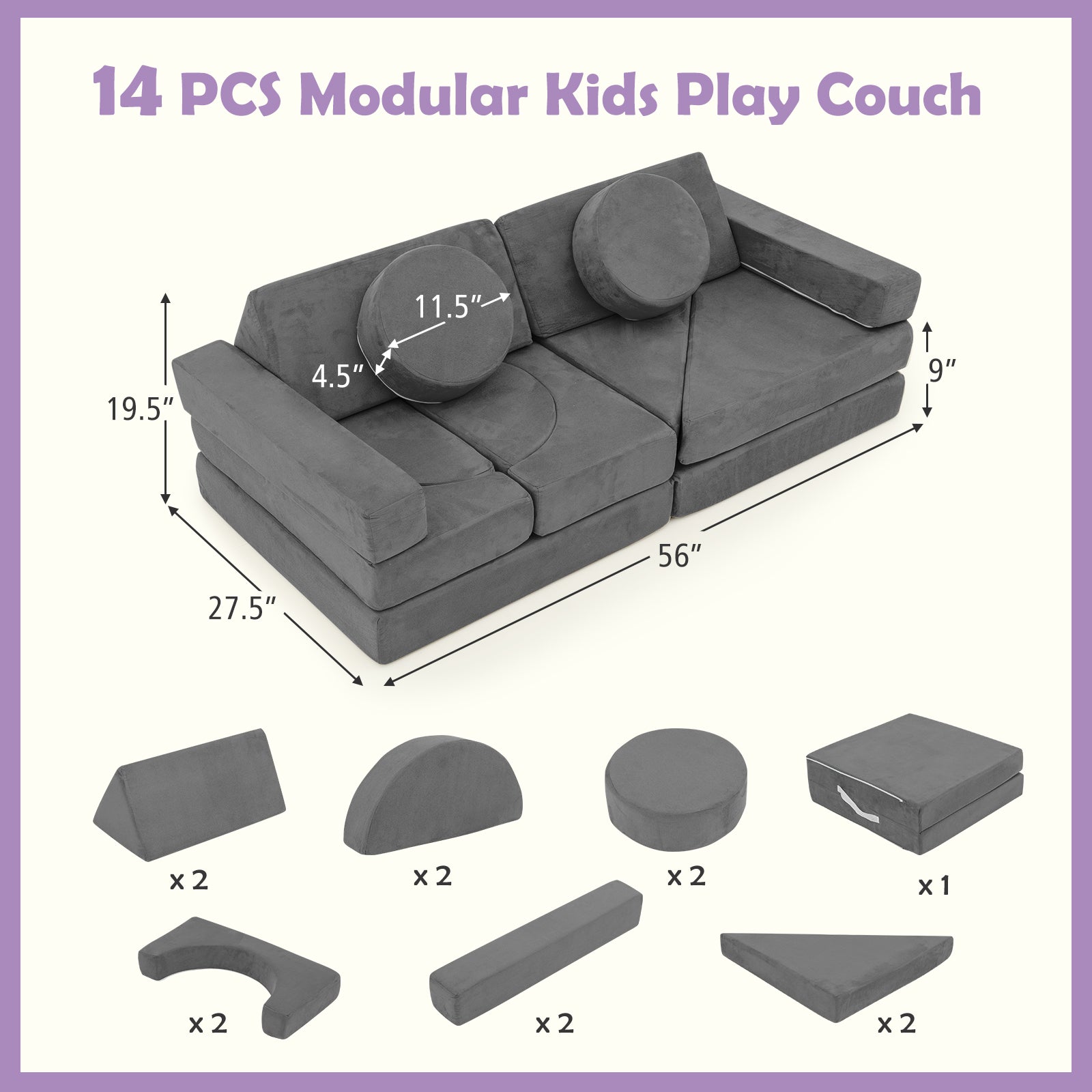 14 PCS Modular Kids Play Couch for Playroom and Bedroom, Gray Kids Chairs & Seating at Gallery Canada