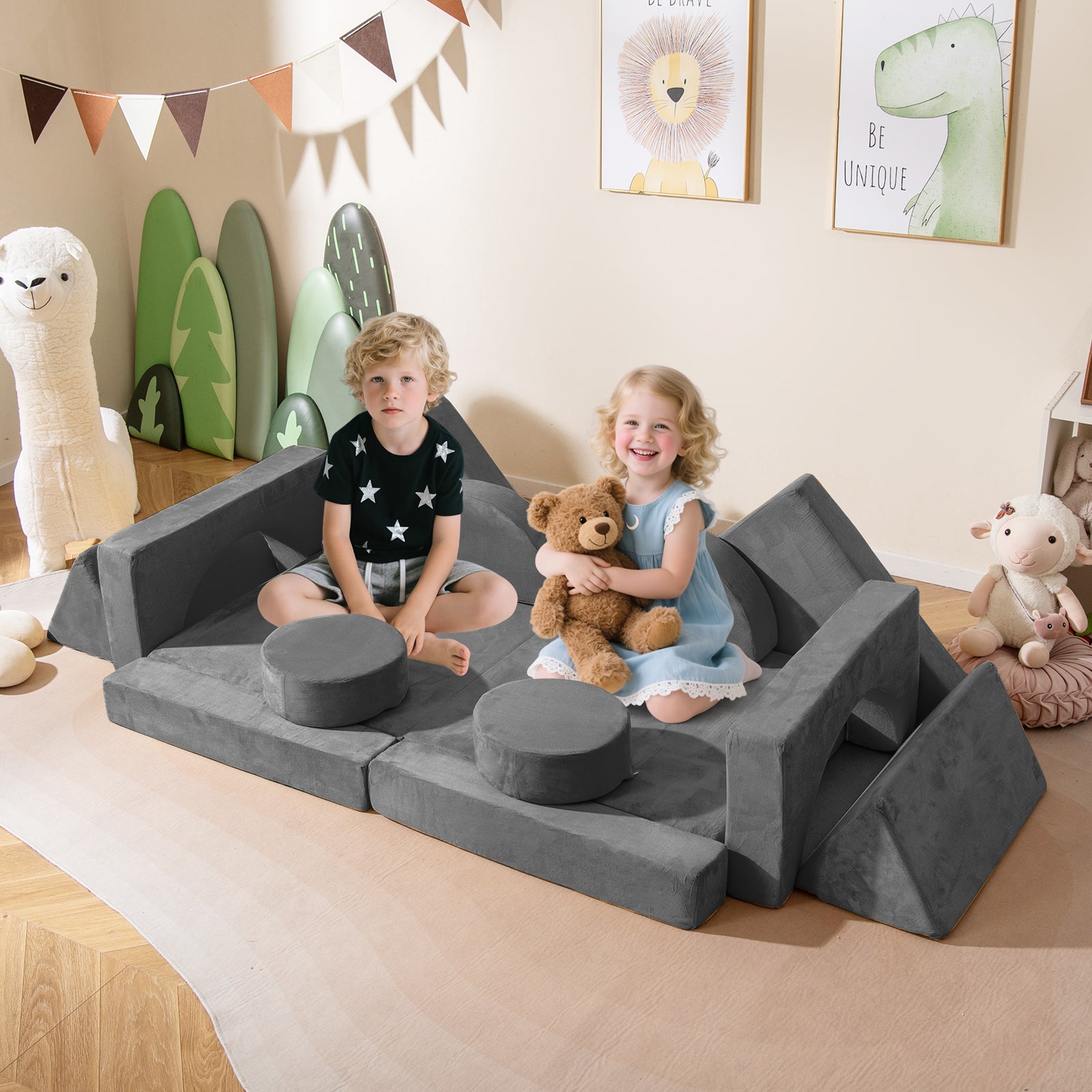 14 PCS Modular Kids Play Couch for Playroom and Bedroom, Gray Kids Chairs & Seating at Gallery Canada