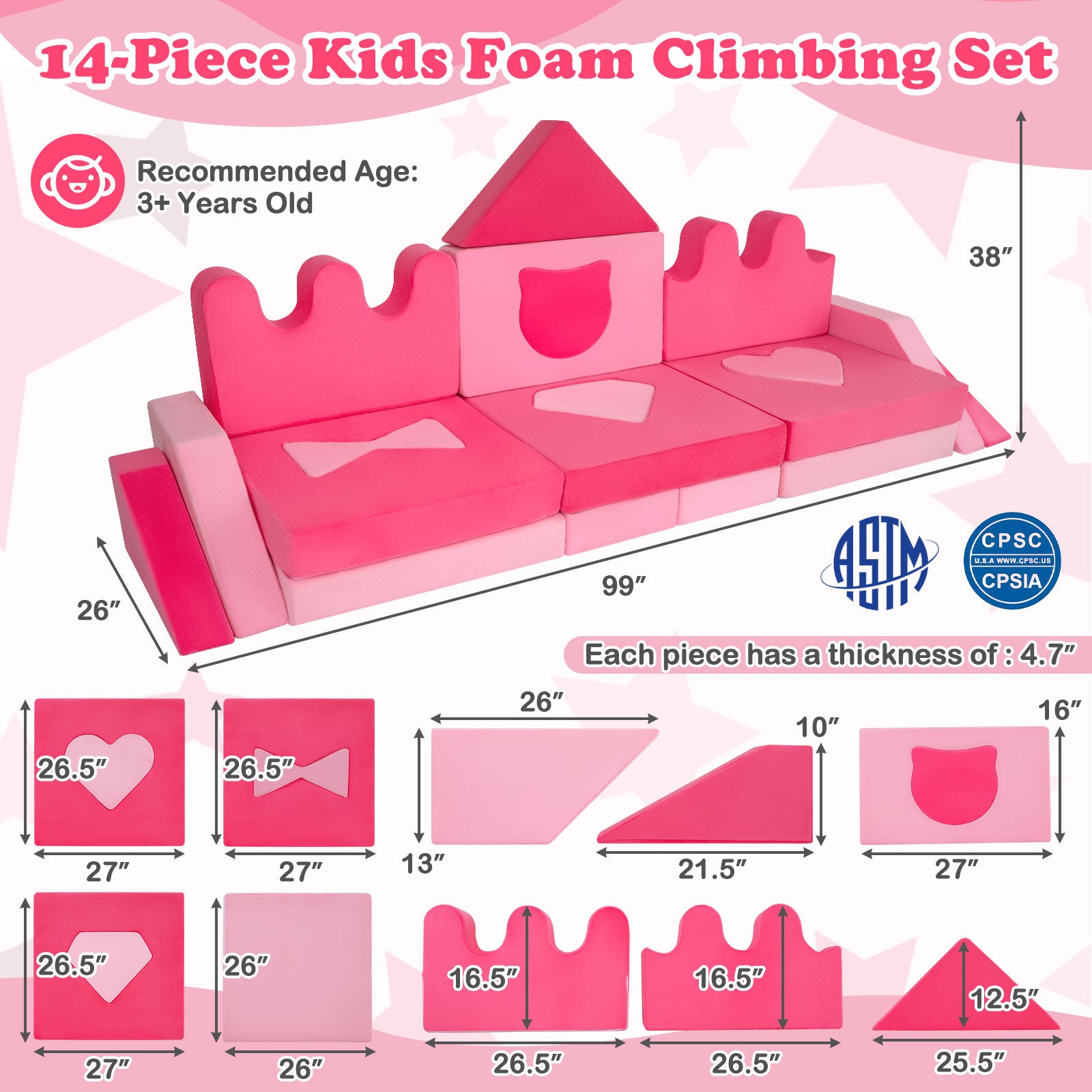 14 Piece Modular Foam Climbing Blocks, For Kids 3+ Years, Pink Kids Chairs & Seating at Gallery Canada