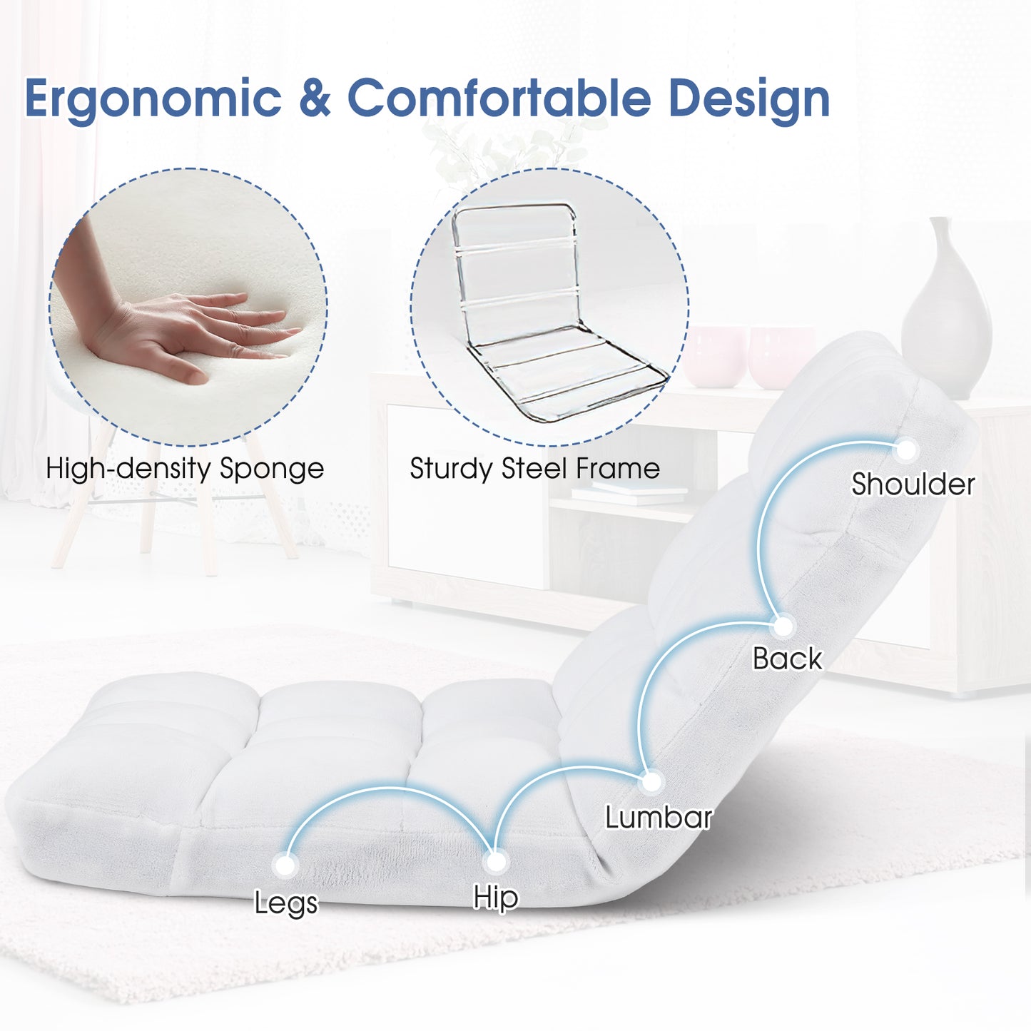 Adjustable Floor Chair, 14-Position, Cushioned, White Floor Chairs at Gallery Canada