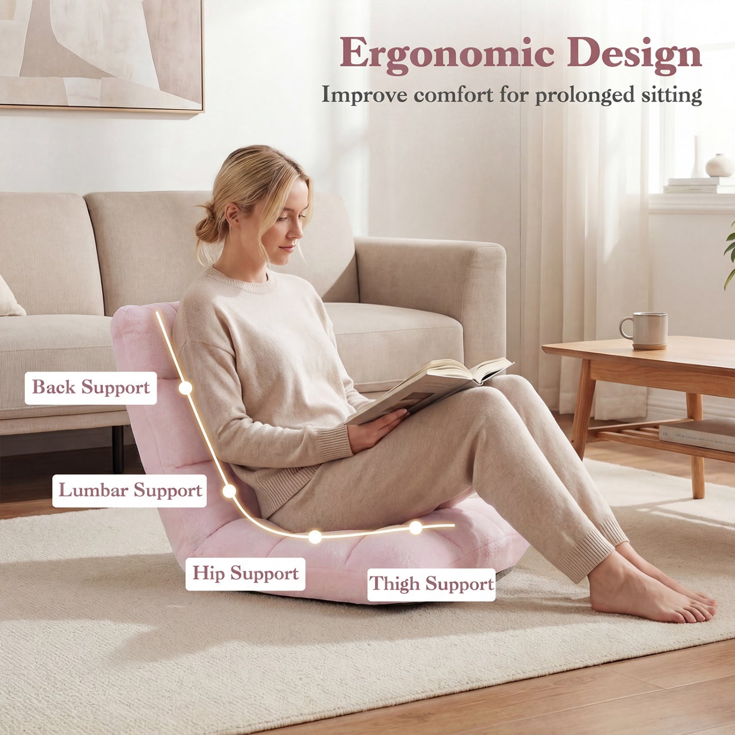 Adjustable Cushioned Floor Chair, 14-Position, Light Pink Floor Chairs at Gallery Canada