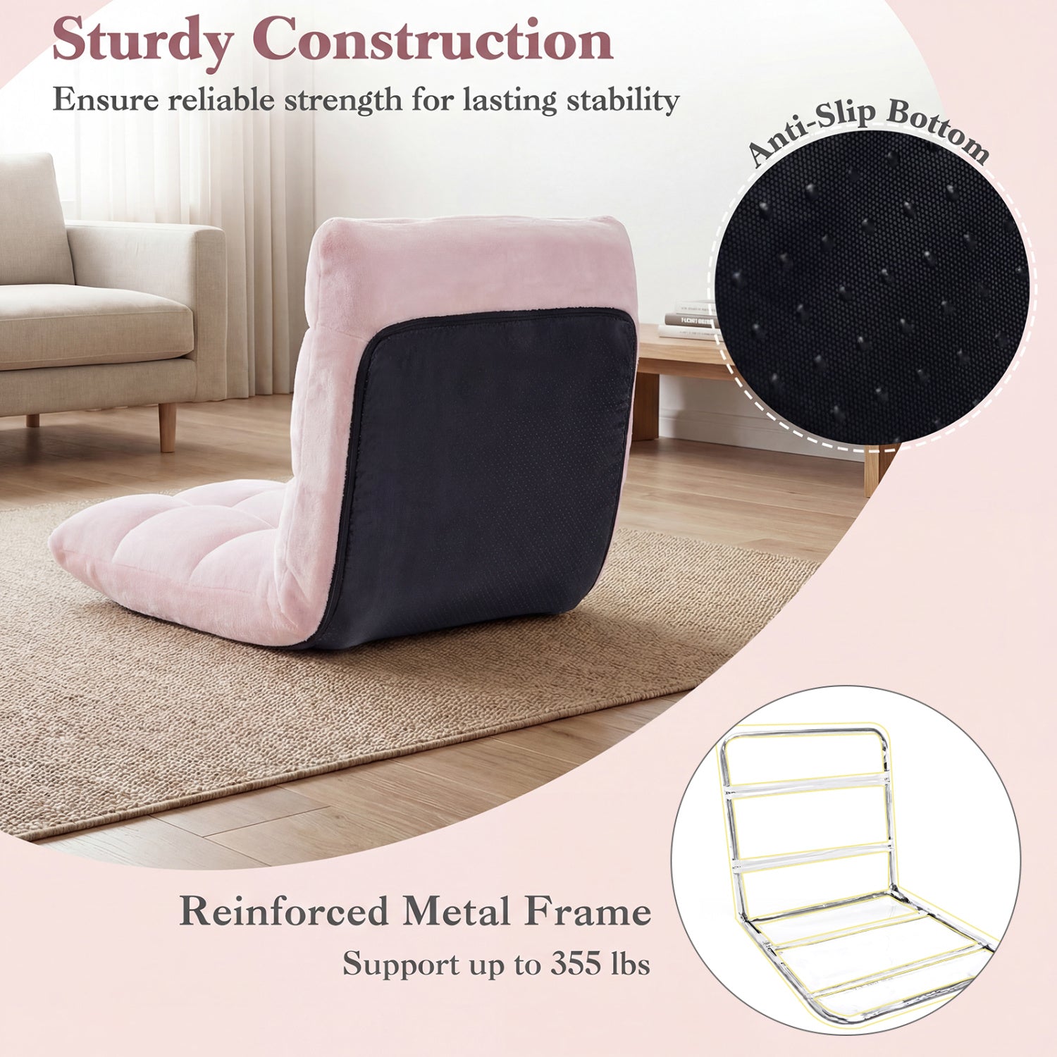 Adjustable Cushioned Floor Chair, 14-Position, Light Pink Floor Chairs at Gallery Canada