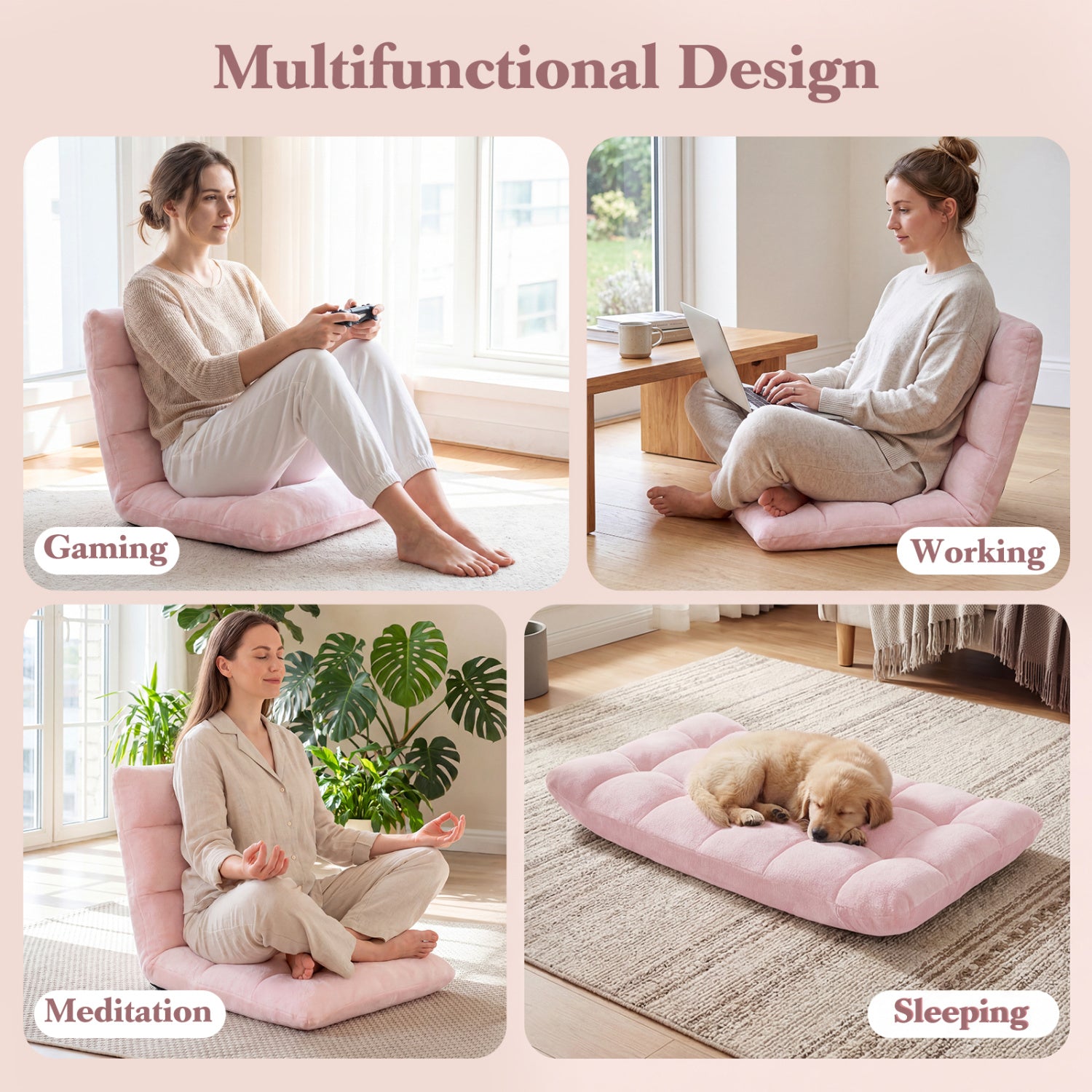 Adjustable Cushioned Floor Chair, 14-Position, Light Pink Floor Chairs at Gallery Canada