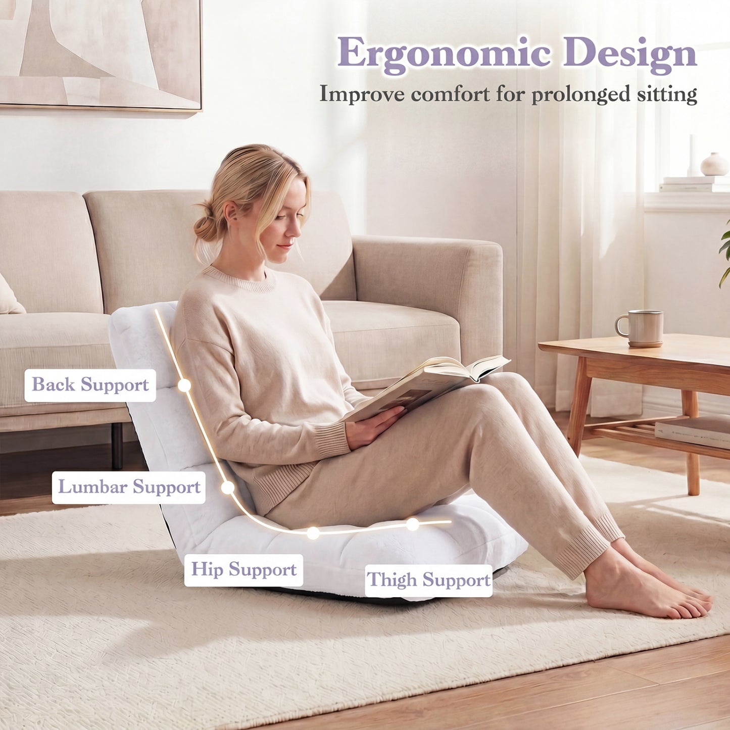 Adjustable Floor Chair, 14-Position, Cushioned, White Floor Chairs at Gallery Canada