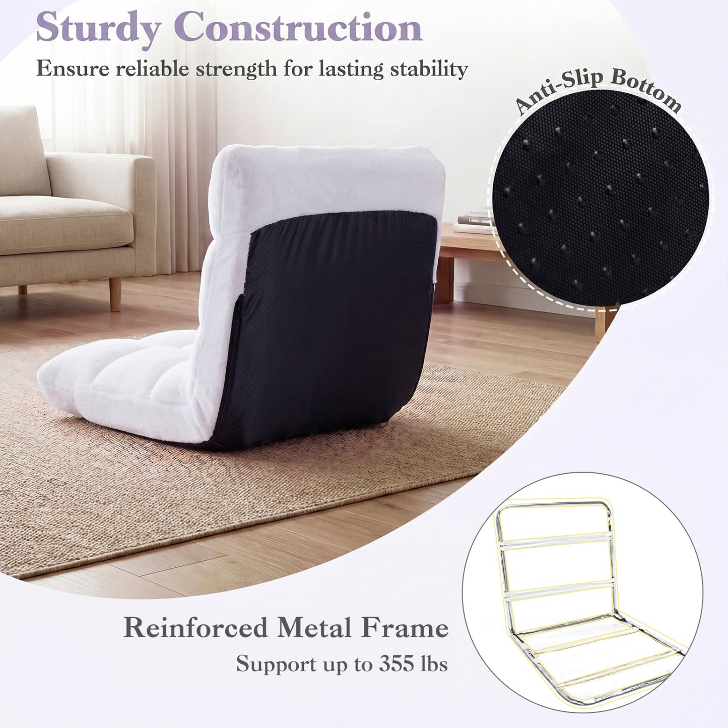Adjustable Floor Chair, 14-Position, Cushioned, White Floor Chairs at Gallery Canada