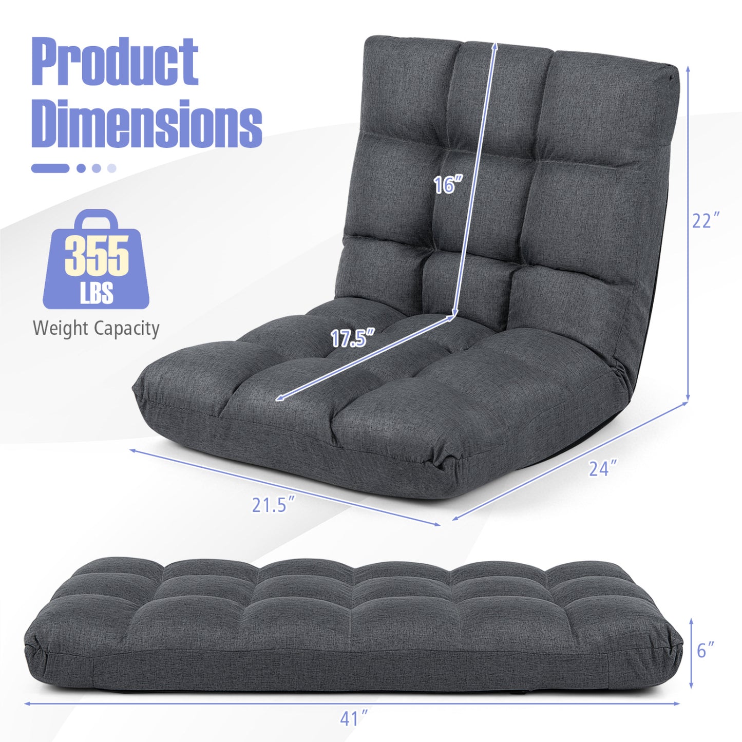 14-Position Adjustable Floor Chair, Back Support Cushion, Gray