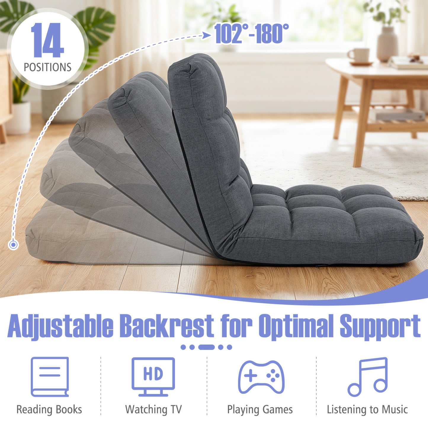 14-Position Adjustable Floor Chair, Back Support Cushion, Gray