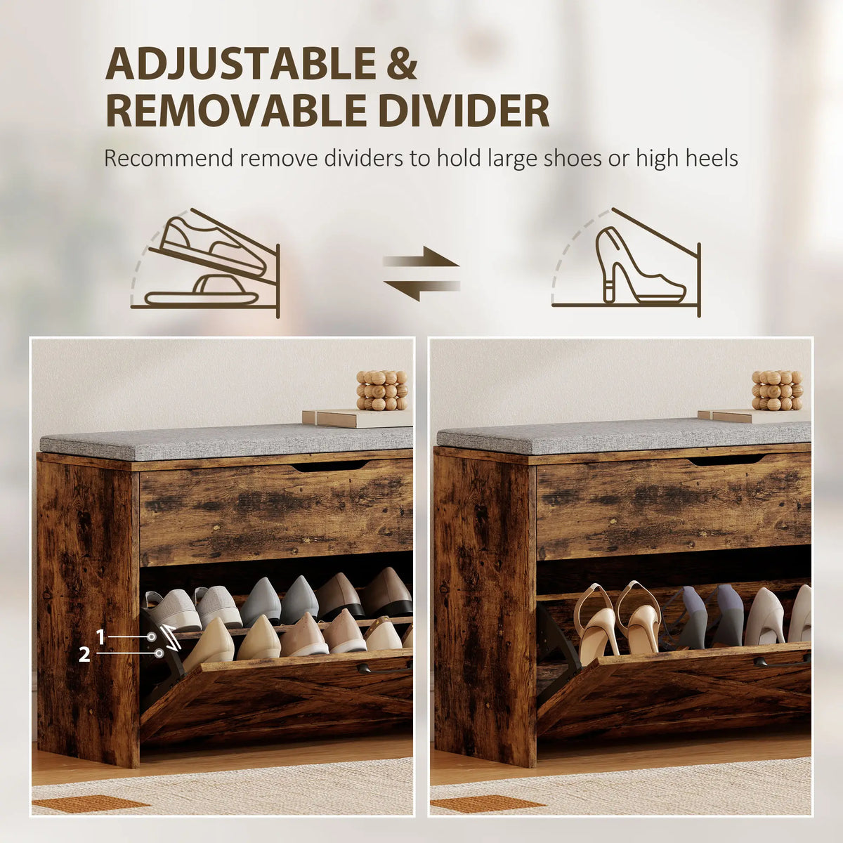 Shoe Storage Bench with Flip Drawer, Lift Top, Seat Cushion, Rustic Brown Shoe Storage Cabinets & Racks at Gallery Canada