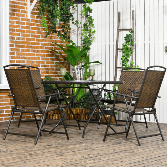 5 Pieces Folding Rattan Patio Table and Chairs for 4 with Umbrella Hole, Tempered Glass Top, Dark Brown - Gallery Canada