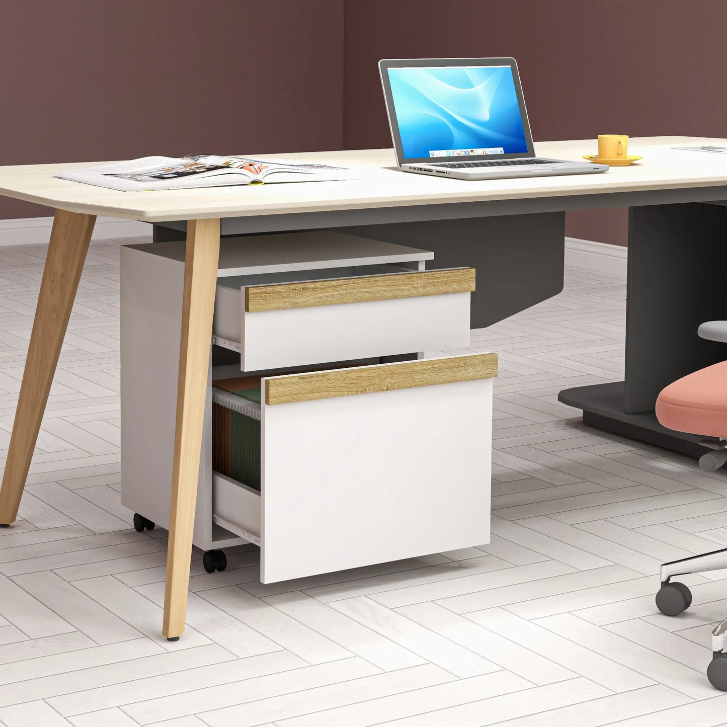 Mobile 2-Drawer Filing Cabinet, 5-Wheel Office Storage, Wood Grain, White Office Cabinets & Cupboards at Gallery Canada