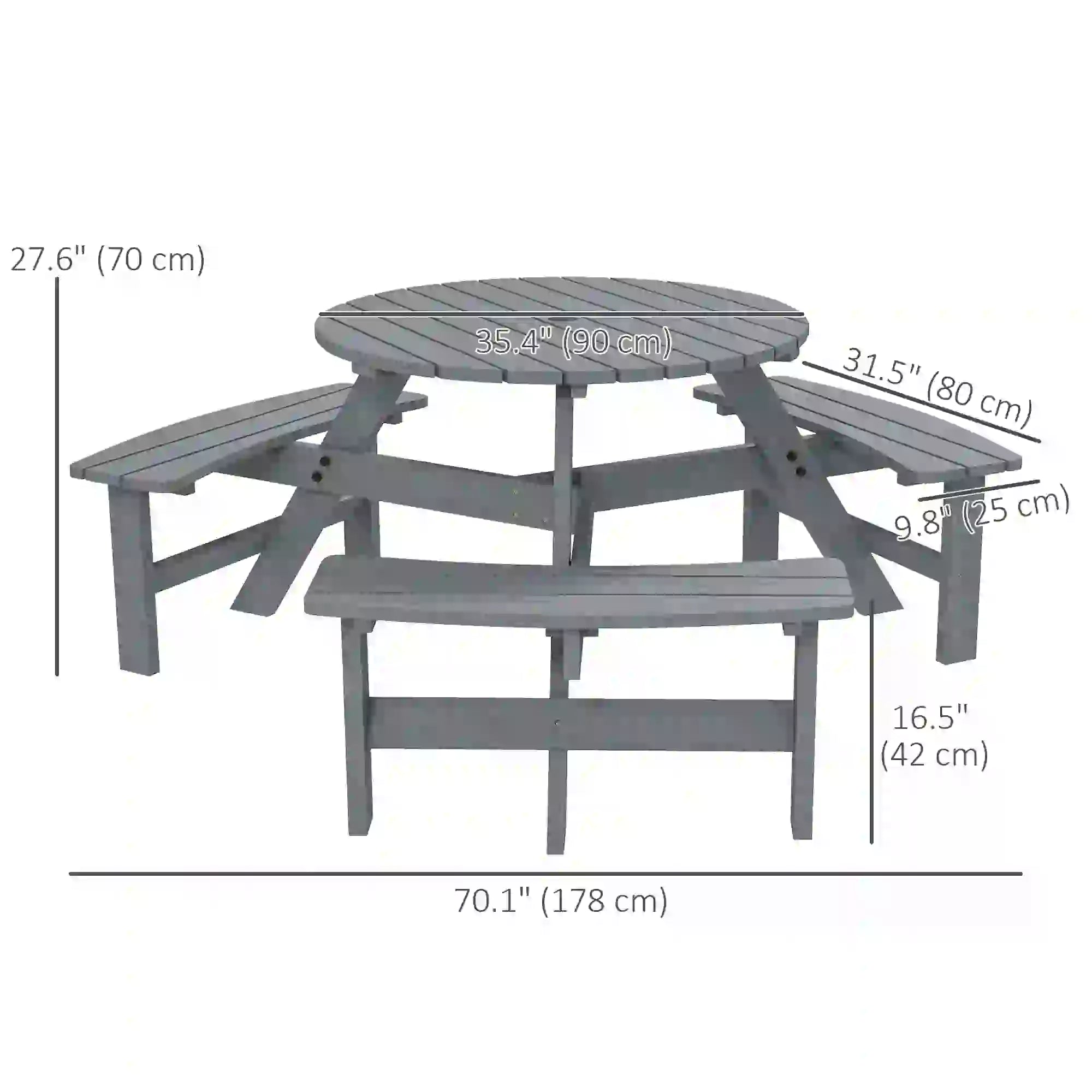 6 Person Round Picnic Table, With Umbrella Hole, 3 Built-in Benches, Grey Outdoor Dining Sets at Gallery Canada