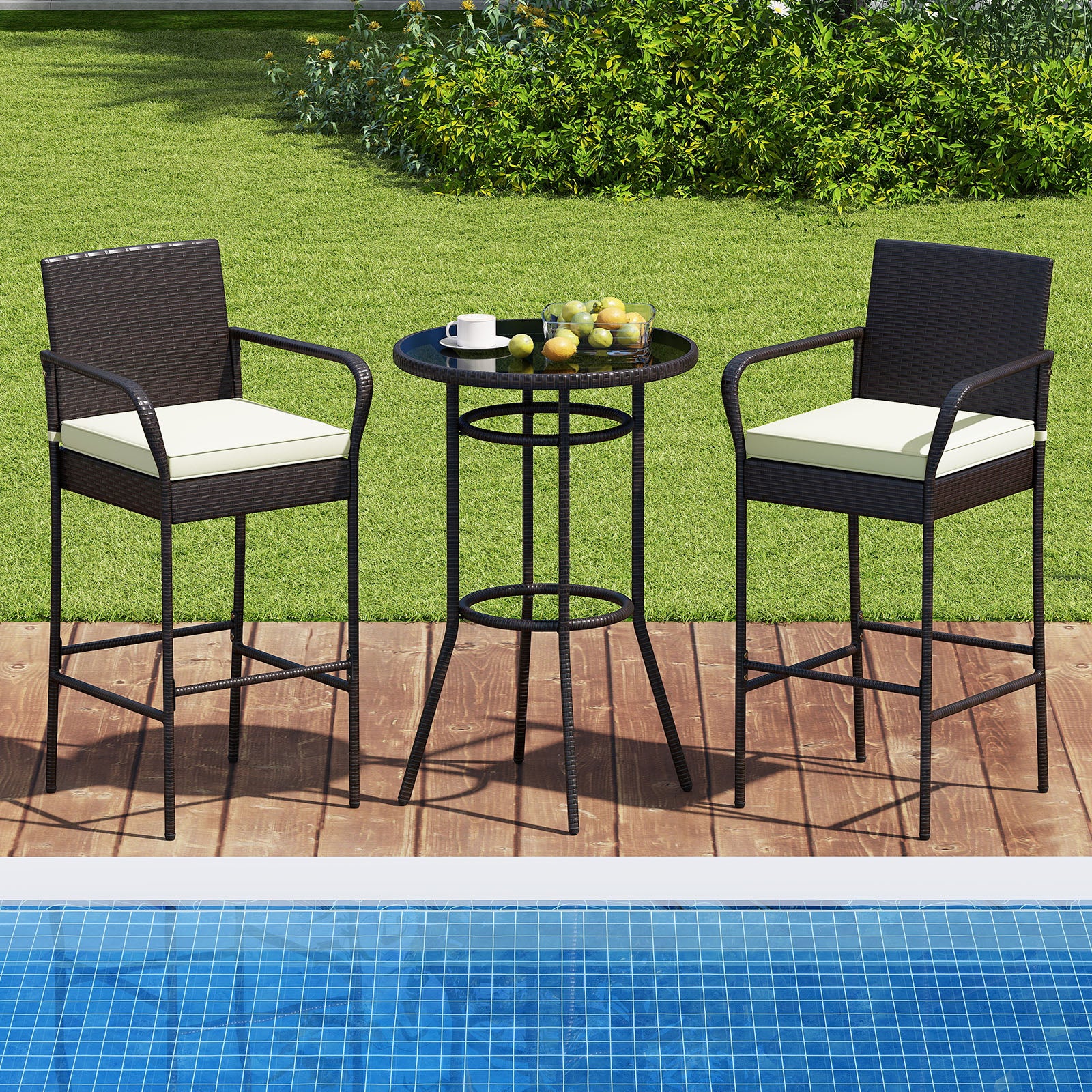 Patio Rattan Bar Height Table and Chairs with 2 Seat Cushions for Porch, White Patio Bar Furniture at Gallery Canada