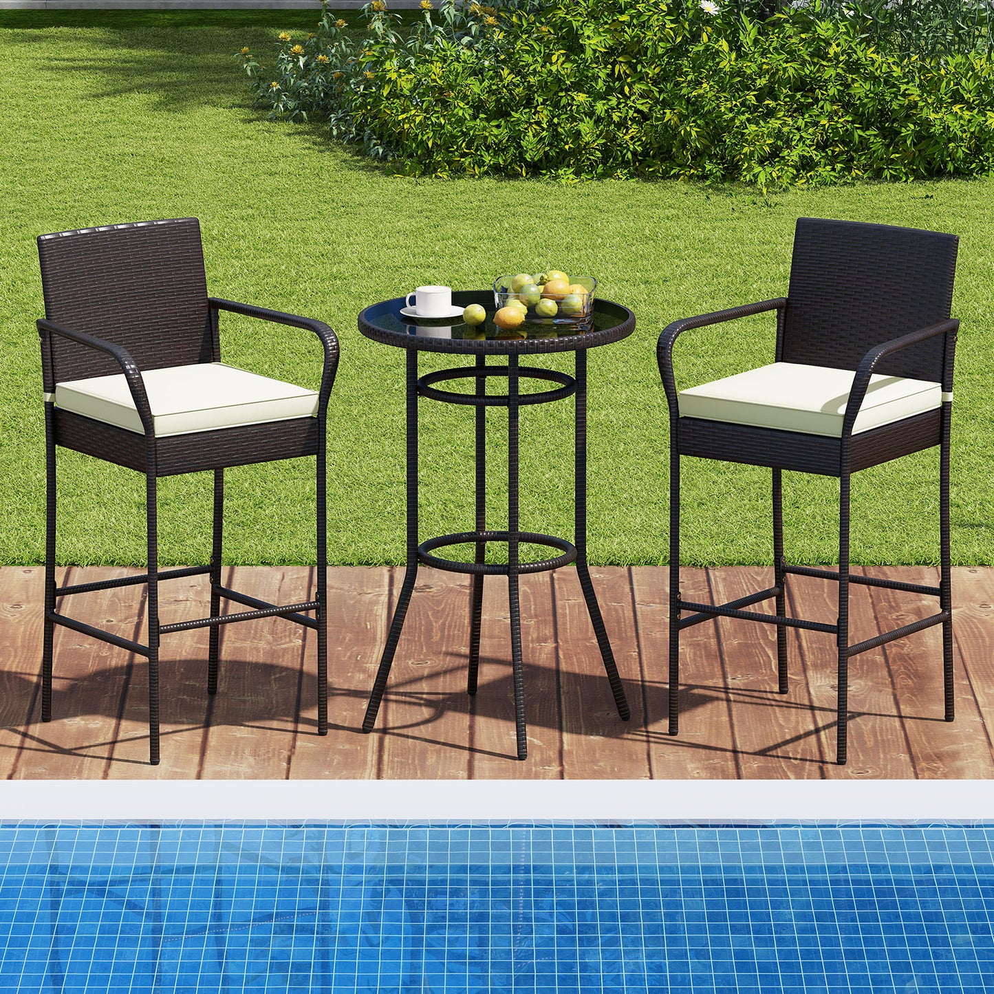 Patio Rattan Bar Height Table and Chairs with 2 Seat Cushions for Porch, White Patio Bar Furniture at Gallery Canada