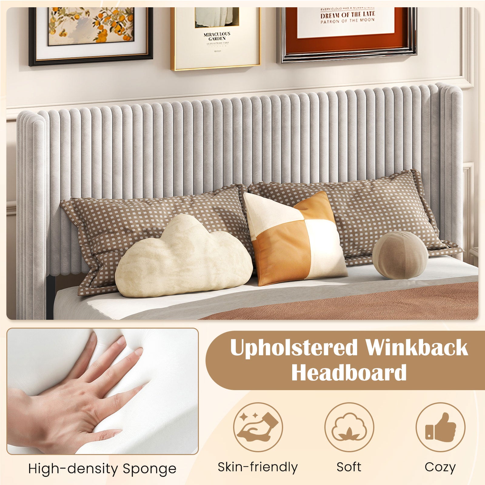 Queen Size Velvet Bed Frame with Vertical Channel Tufted Wingback Headboard, White Simple Bed Frame at Gallery Canada