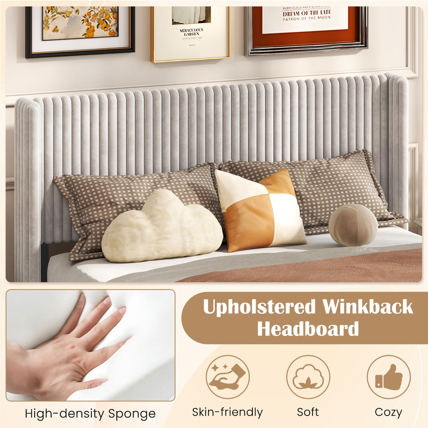 Queen Size Velvet Bed Frame with Vertical Channel Tufted Wingback Headboard, White Simple Bed Frame at Gallery Canada