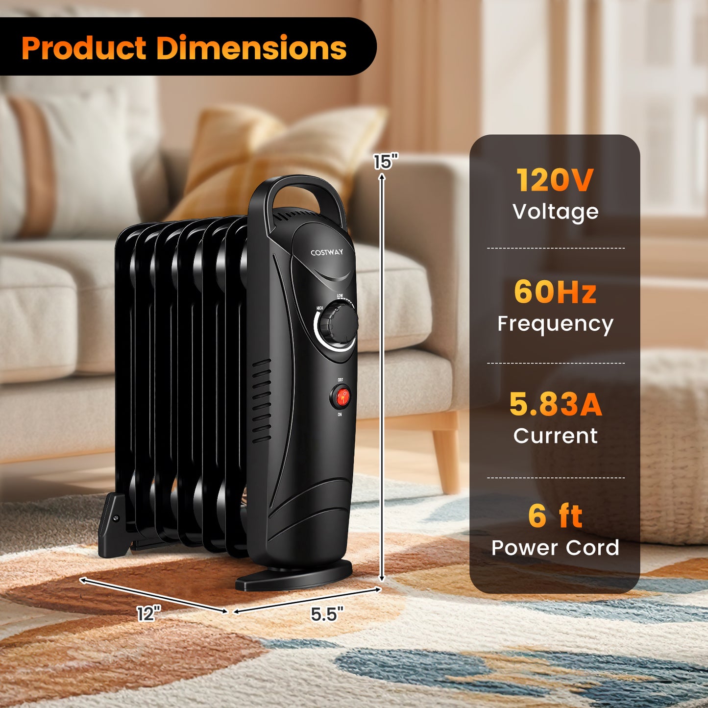 700W Electric Oil Filled Radiator Heater with Adjustable Thermostat, Black Appliances at Gallery Canada