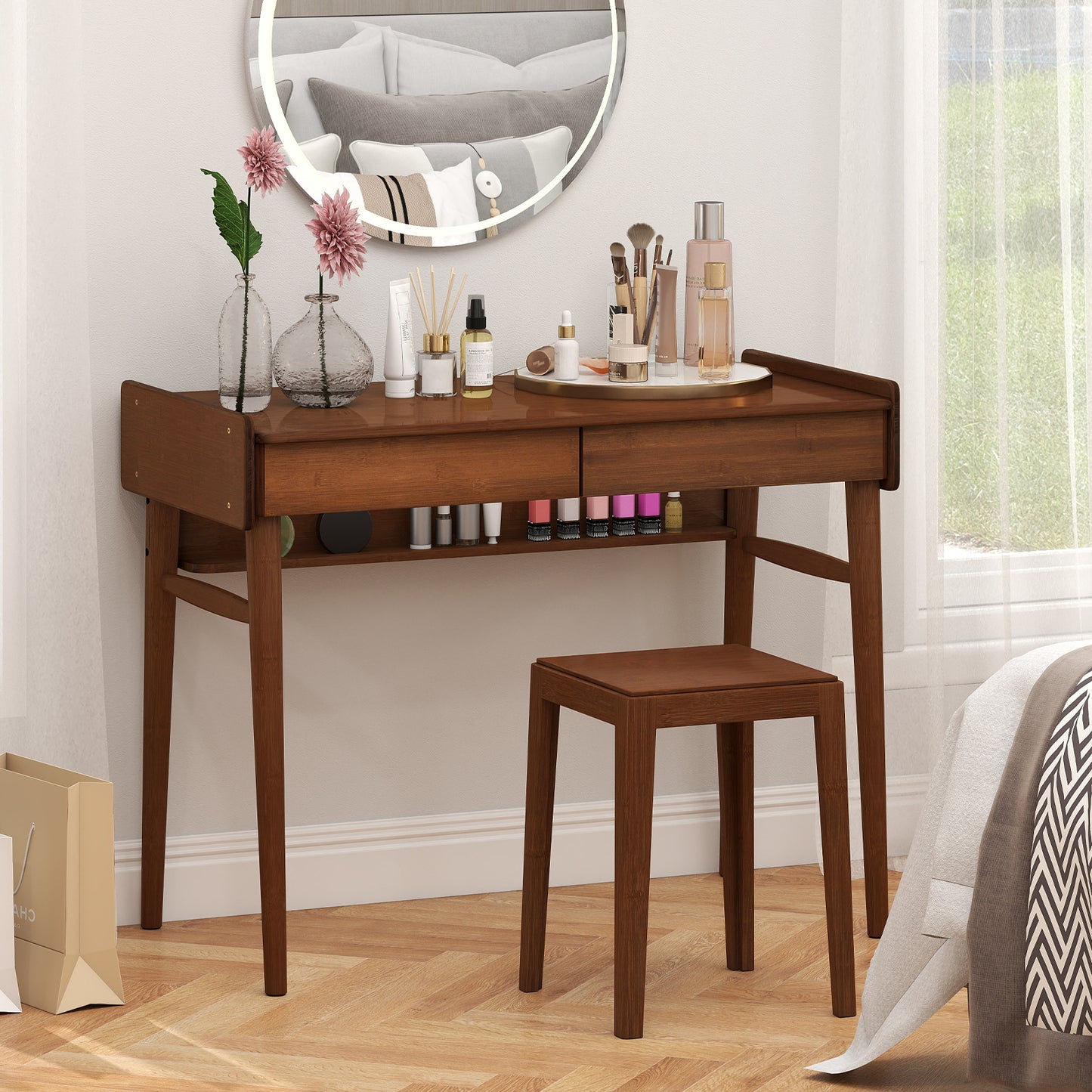 Bamboo Writing Desk With 2 Drawers, Open Shelf, Walnut Writing Desks at Gallery Canada