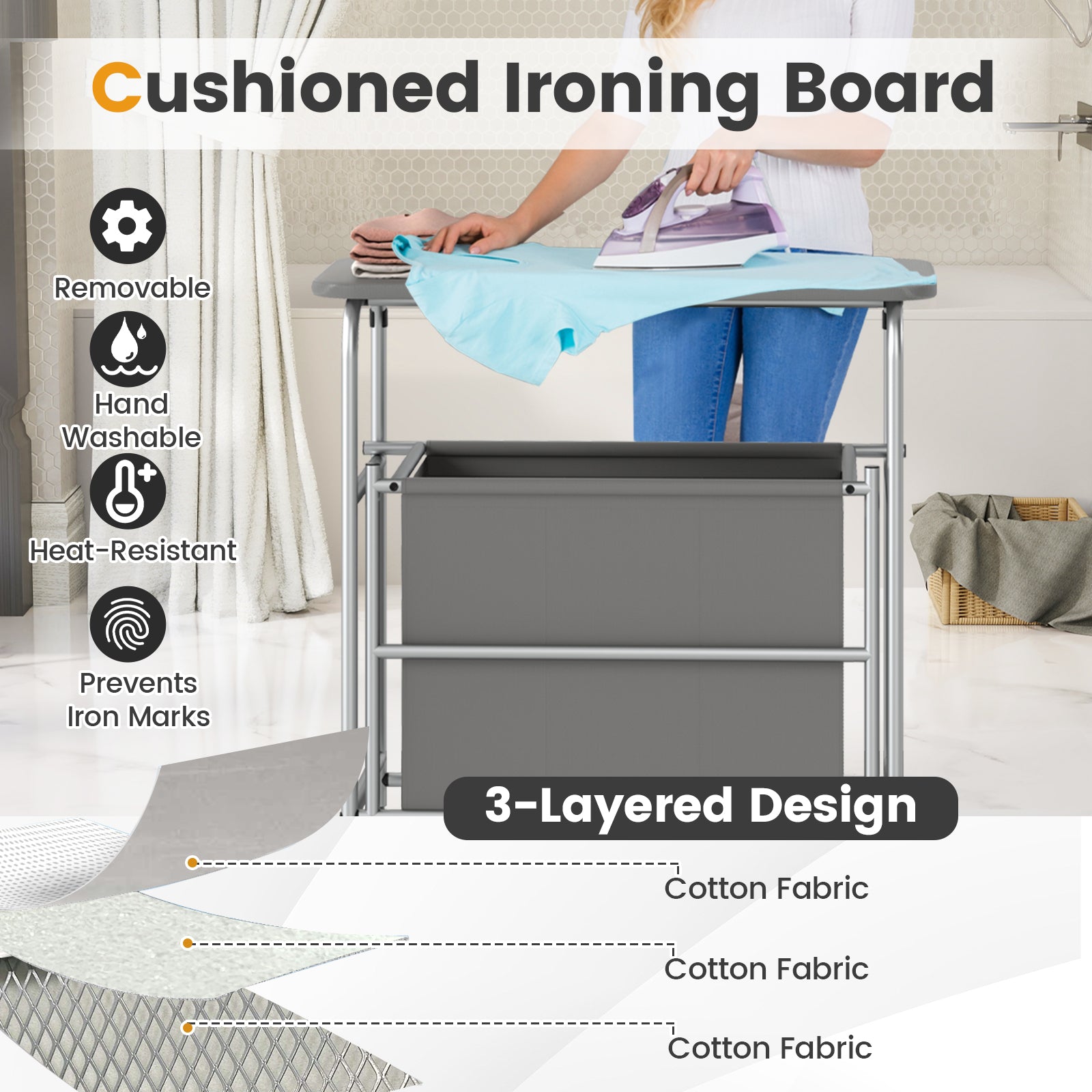 3-Section Laundry Sorter with Foldable Ironing Board and Lockable Wheels, Gray Laundry Baskets at Gallery Canada