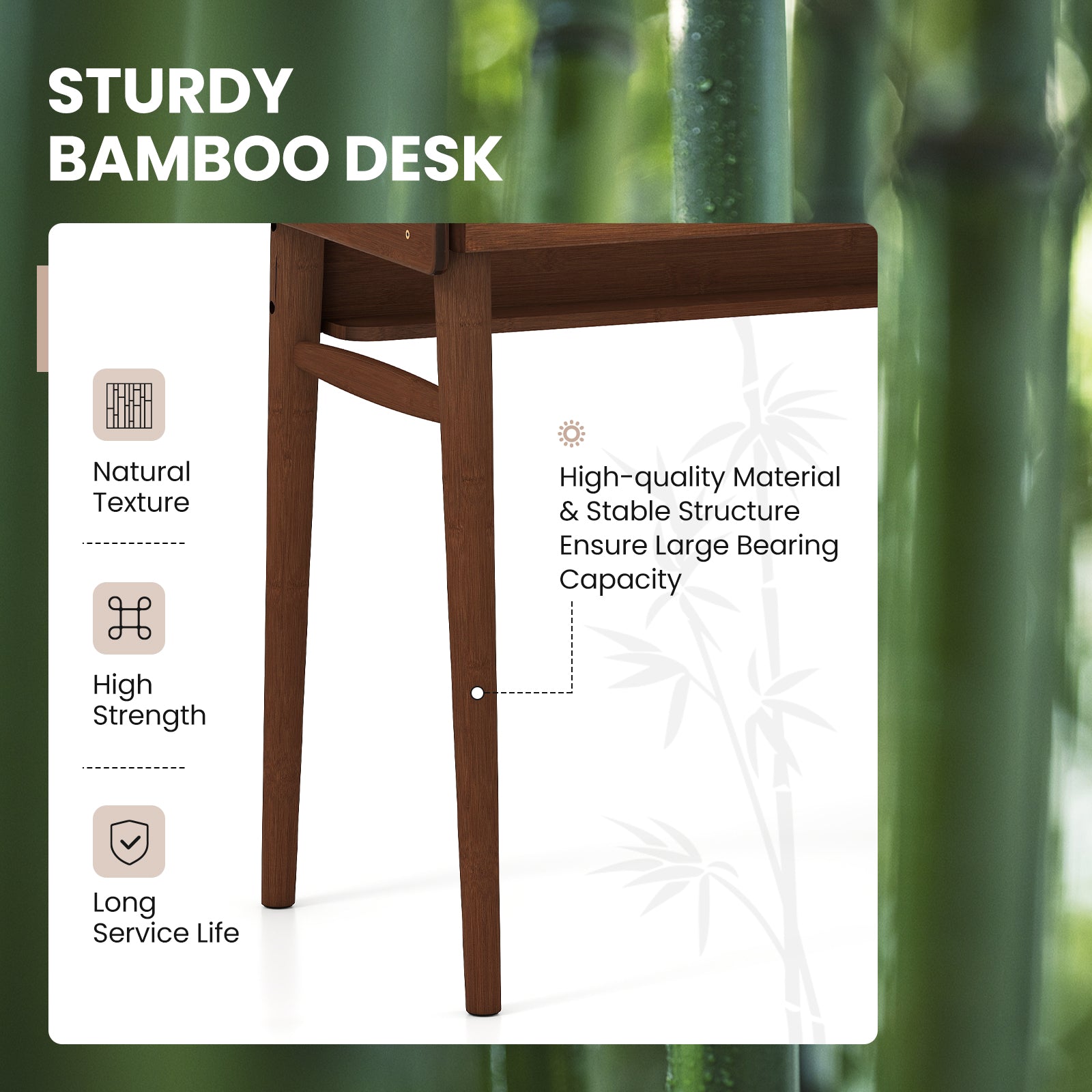 Bamboo Writing Desk With 2 Drawers, Open Shelf, Walnut Writing Desks at Gallery Canada