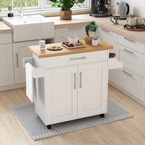 Rolling Kitchen Island Cart with Towel and Spice Rack, White