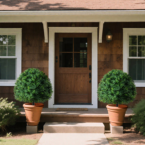 28 Inches Artificial Boxwood Topiary Ball Tree Set of 2 with Ground Spike, Green