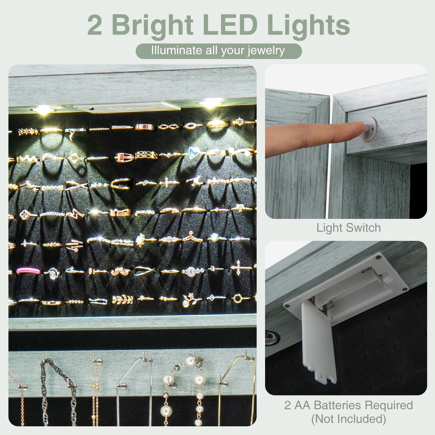 Wall and Door Mounted Mirrored Jewelry Cabinet with Lights, Navy Jewelry Armoires at Gallery Canada