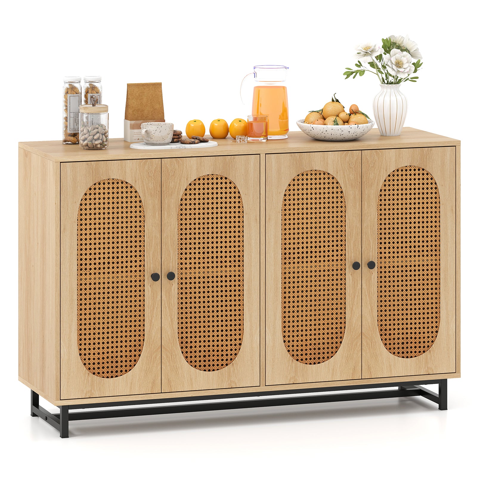 50 Inch Buffet Sideboard Cabinet with 4 Rattan Doors and Adjustable Shelves, Natural Sideboards Cabinets & Buffets at Gallery Canada