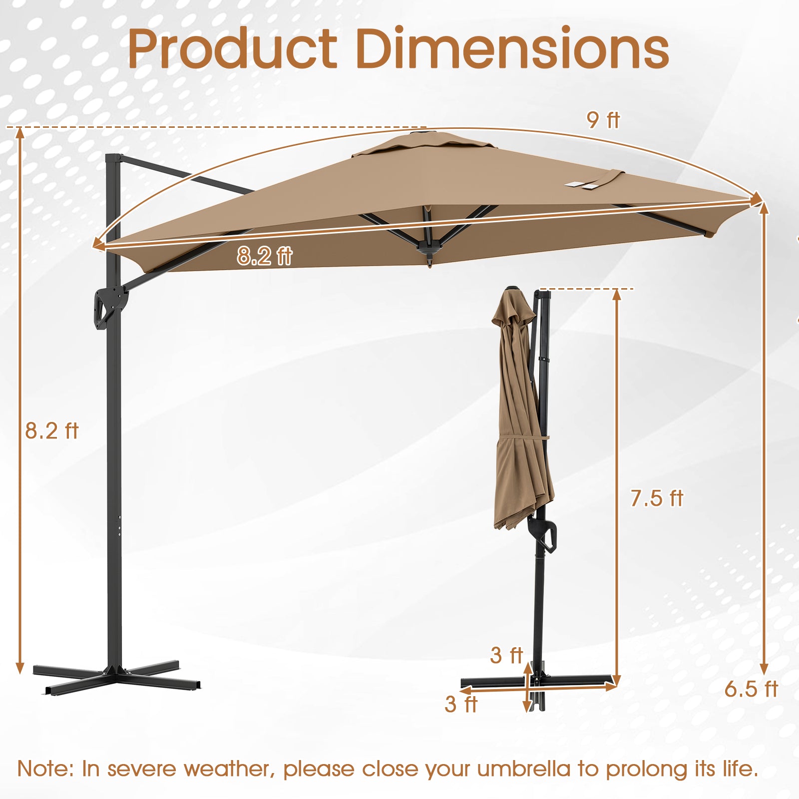 9 FT Cantilever Patio Umbrella with Vented Top and Sun-Protective Canopy, Brown Outdoor Umbrellas at Gallery Canada