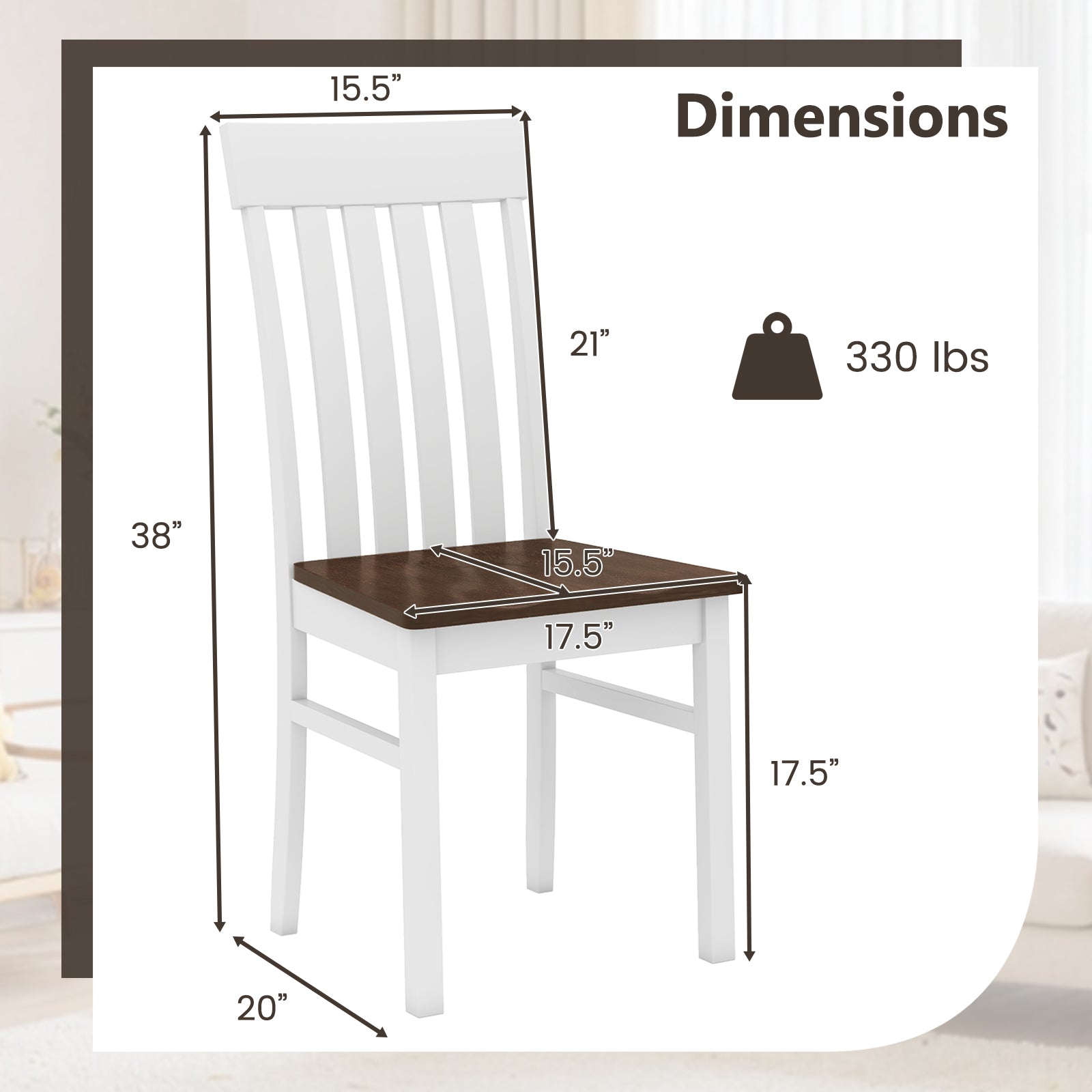 Set of 2 Kitchen Armless Dining Chairs with Slatted High Backrests, White Dining Chairs at Gallery Canada