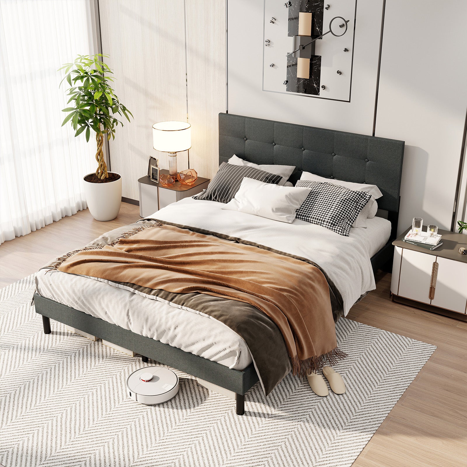 Queen Size Upholstered Bed Frame Linen Platform Bed, Dark Gray Simple Bed Frame at Gallery Canada