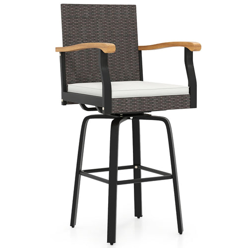 Outdoor 360° Swivel Bar Stool With Cushion, Acacia Wood Armrests, Brown