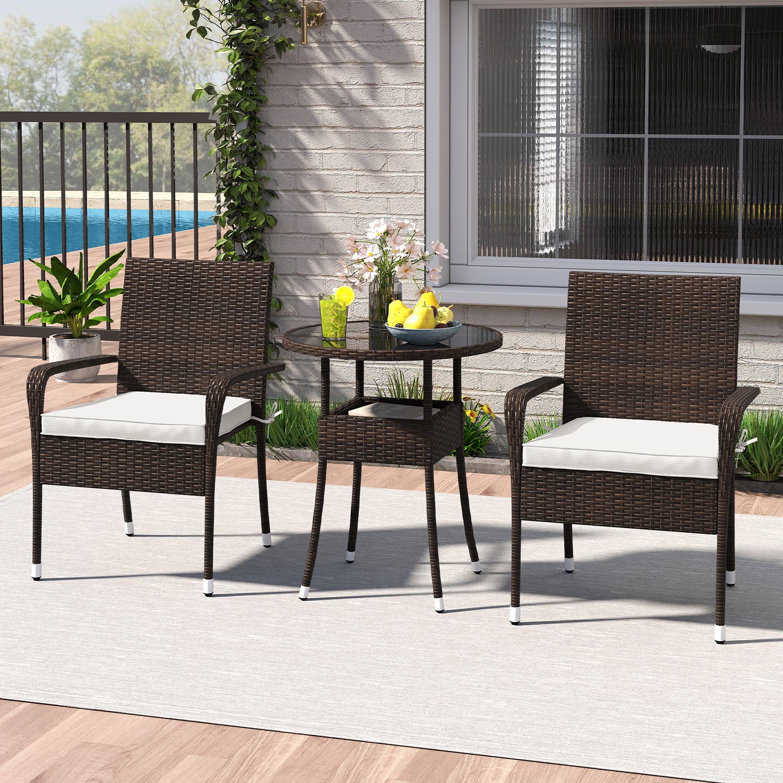 3-Piece Patio Furniture Set PE Rattan Wicker Chairs with Tempered Glass Top Table, White Patio Conversation Sets at Gallery Canada