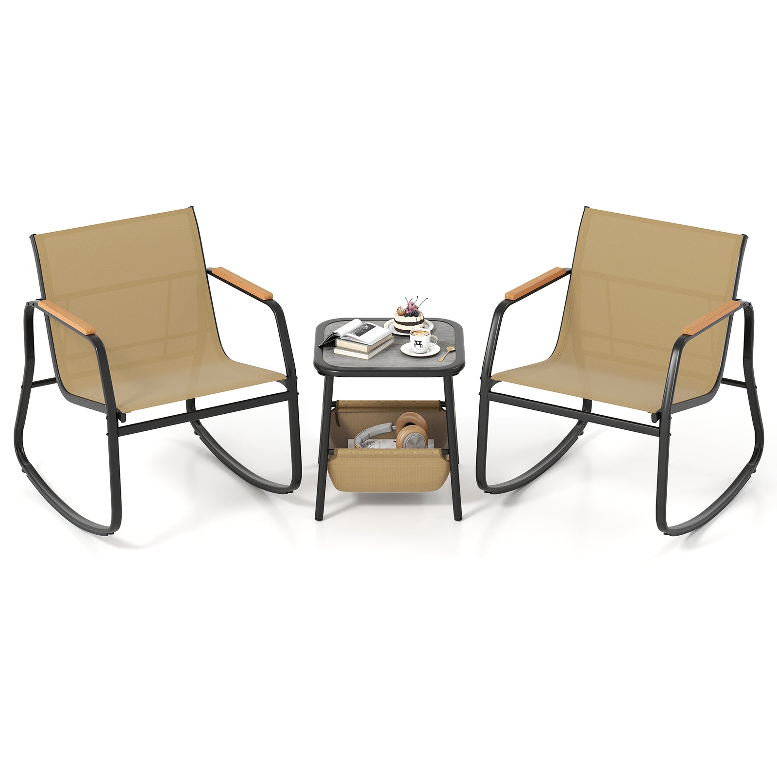 3 Piece Rocking Bistro Chairs, Side Table Set, Storage Bag, Brown Patio Conversation Sets Brown at Gallery Canada