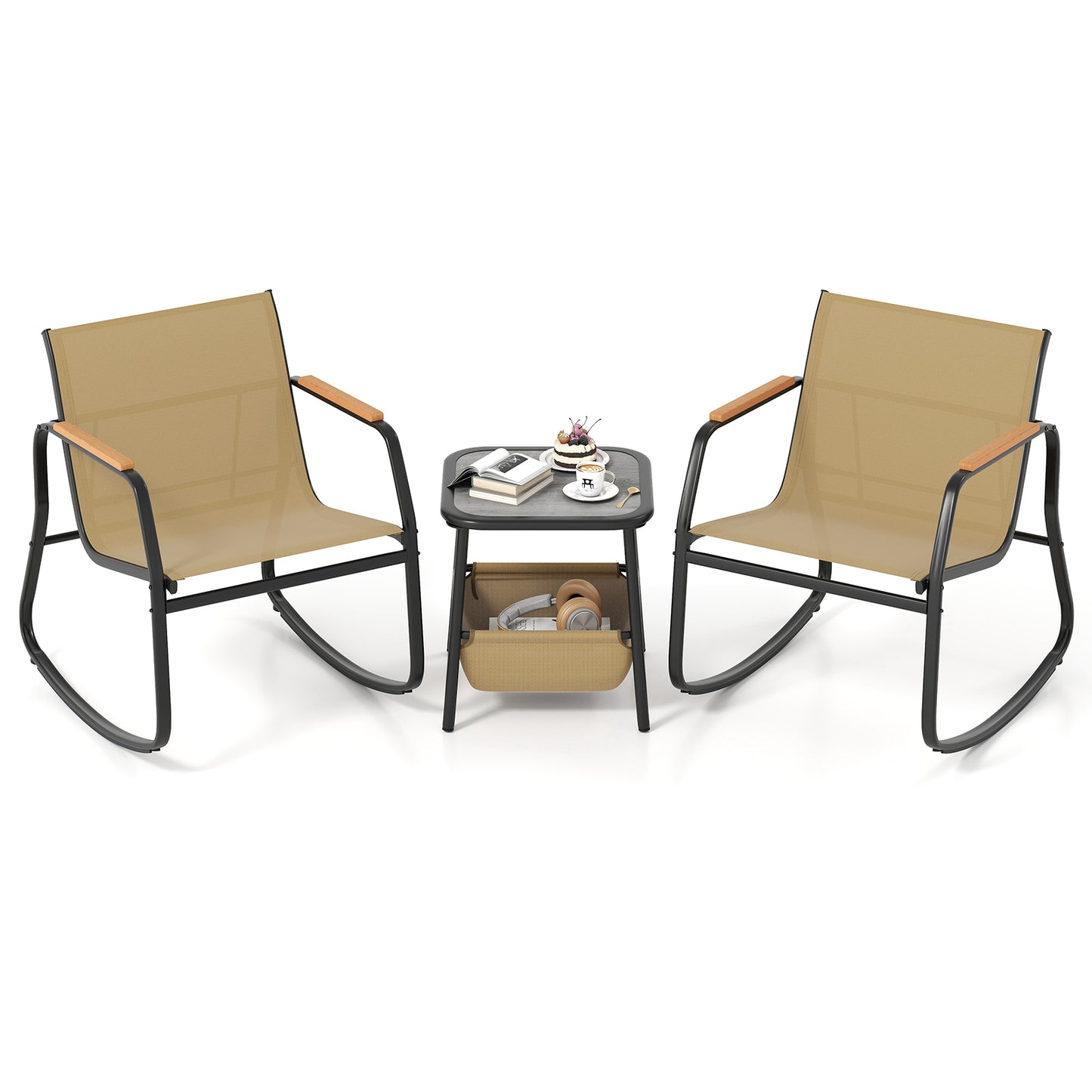 3 Piece Rocking Bistro Chairs, Side Table Set, Storage Bag, Brown Patio Conversation Sets Brown at Gallery Canada