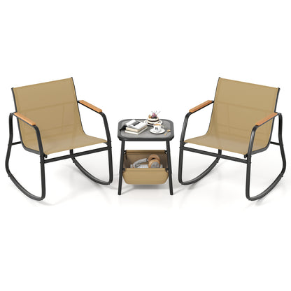 3 Piece Rocking Bistro Chairs, Side Table Set, Storage Bag, Brown Patio Conversation Sets Brown at Gallery Canada