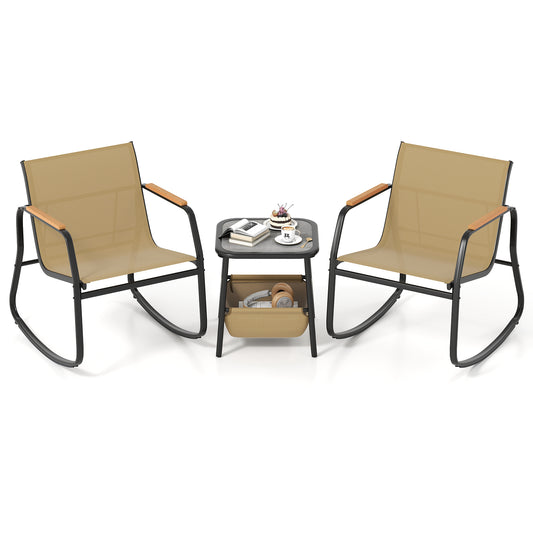 3 Piece Rocking Bistro Chairs, Side Table Set, Storage Bag, Brown Patio Conversation Sets Brown at Gallery Canada