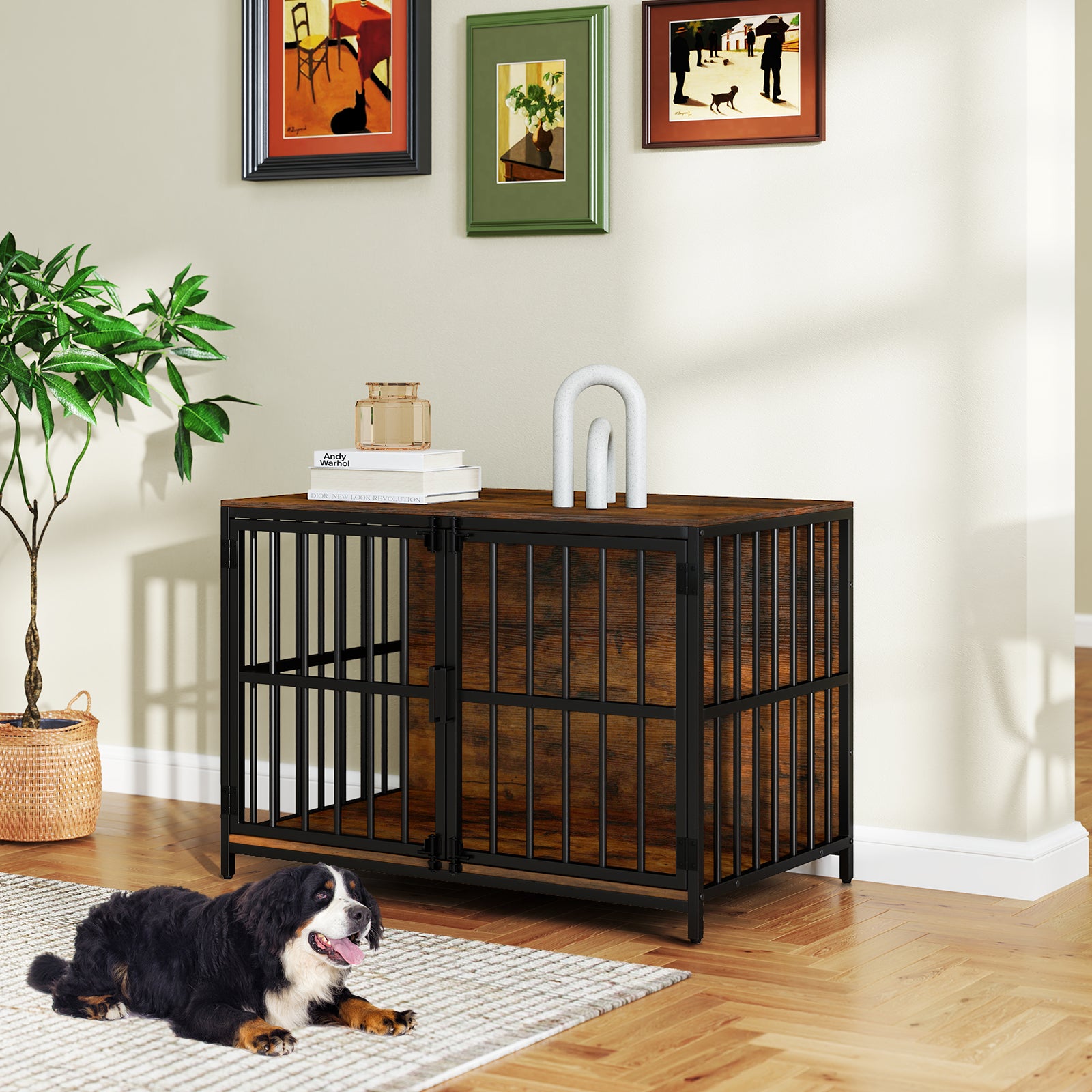 40 Inch Dog Crate Furniture Dog Kennel with Dual Lockable Double Doors, Rustic Brown Dog Kennels at Gallery Canada