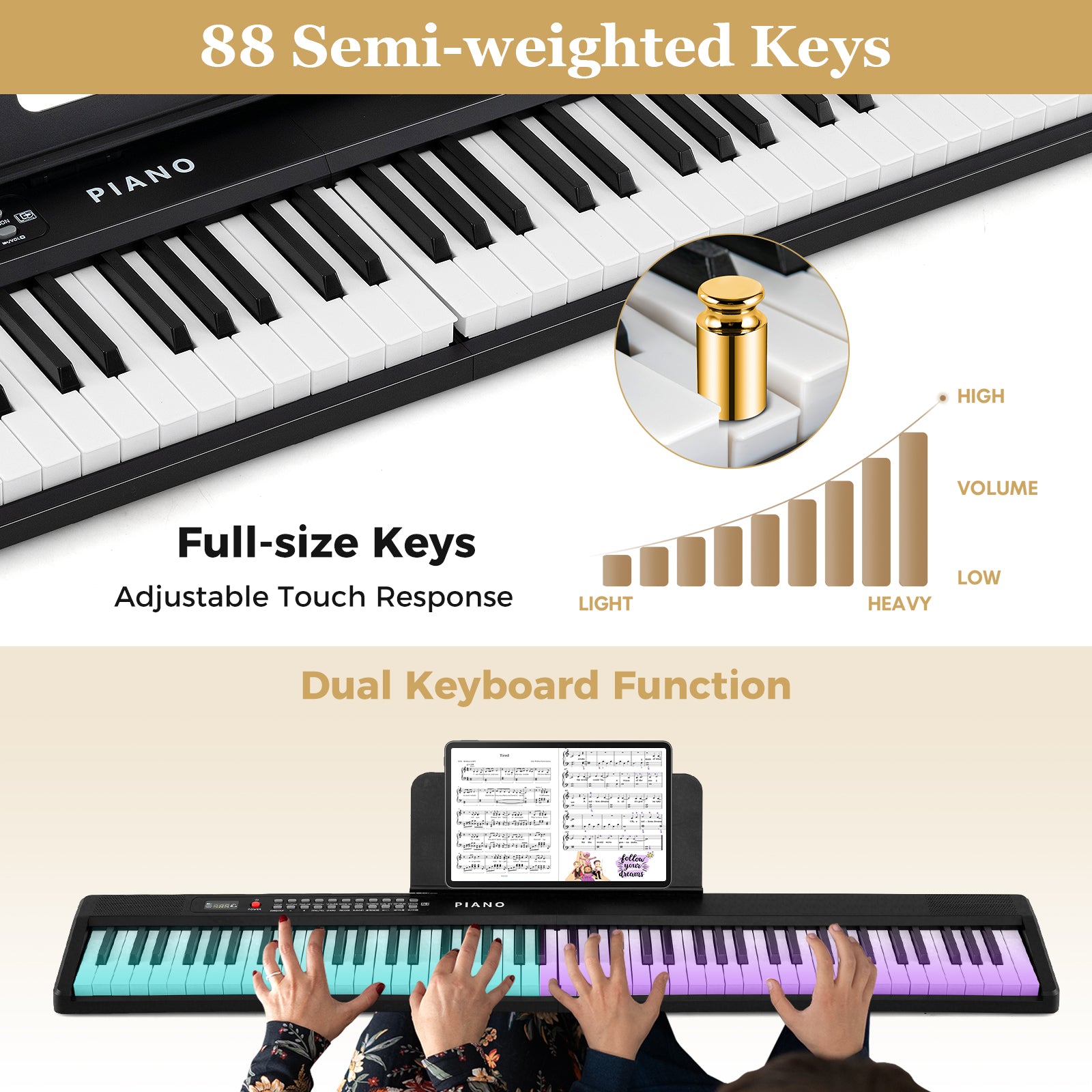 88 Key Foldable Piano Keyboard Portable Semi Weighted Electric Piano, Black Pianos & Keyboards at Gallery Canada