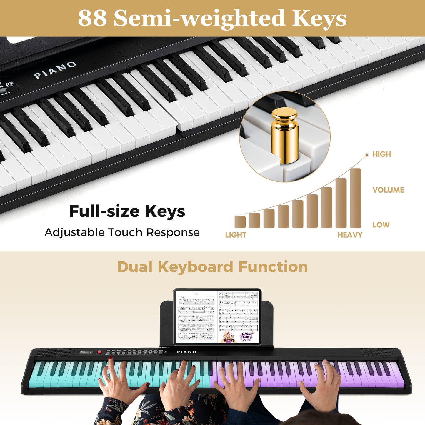 88 Key Foldable Piano Keyboard Portable Semi Weighted Electric Piano, Black Pianos & Keyboards at Gallery Canada