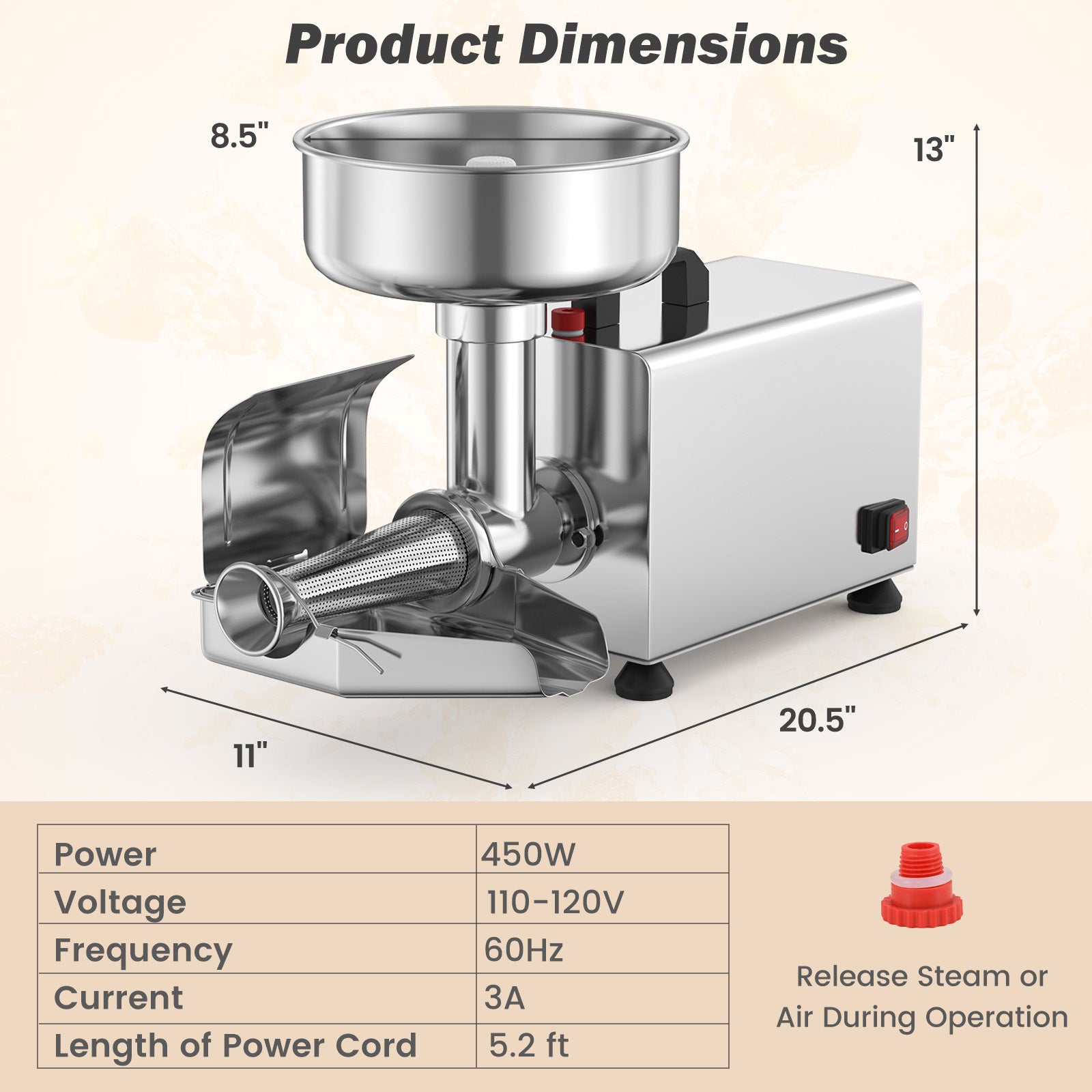 450W Electric Tomato Strainer, Stainless Steel Sauce Maker, Silver Food Grinders & Mills at Gallery Canada