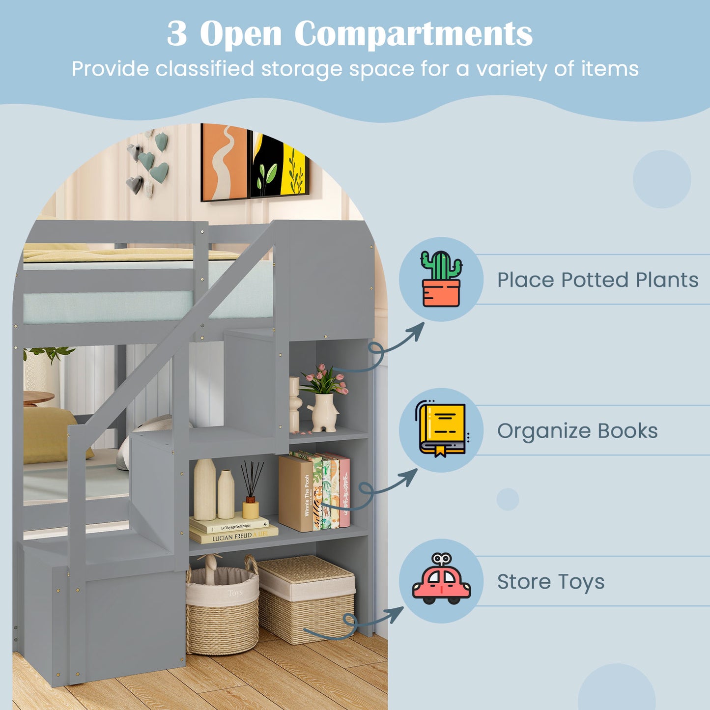 Solid Wood Twin Over Full Low Bunk Bed with Storage Stairs-Grey, Gray Bunk Bed Frame at Gallery Canada