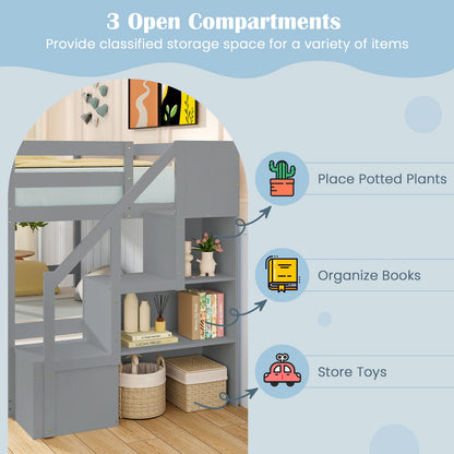 Solid Wood Twin Over Full Low Bunk Bed with Storage Stairs-Grey, Gray Bunk Bed Frame at Gallery Canada