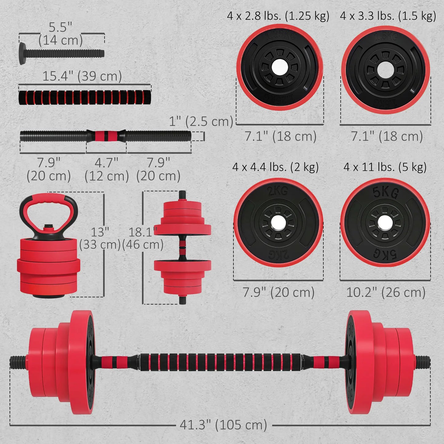 88lbs 4-in-1 Adjustable Dumbbell Set, Barbell, Kettlebell, Push Up Stand, Red Dumbbells & Barbells at Gallery Canada