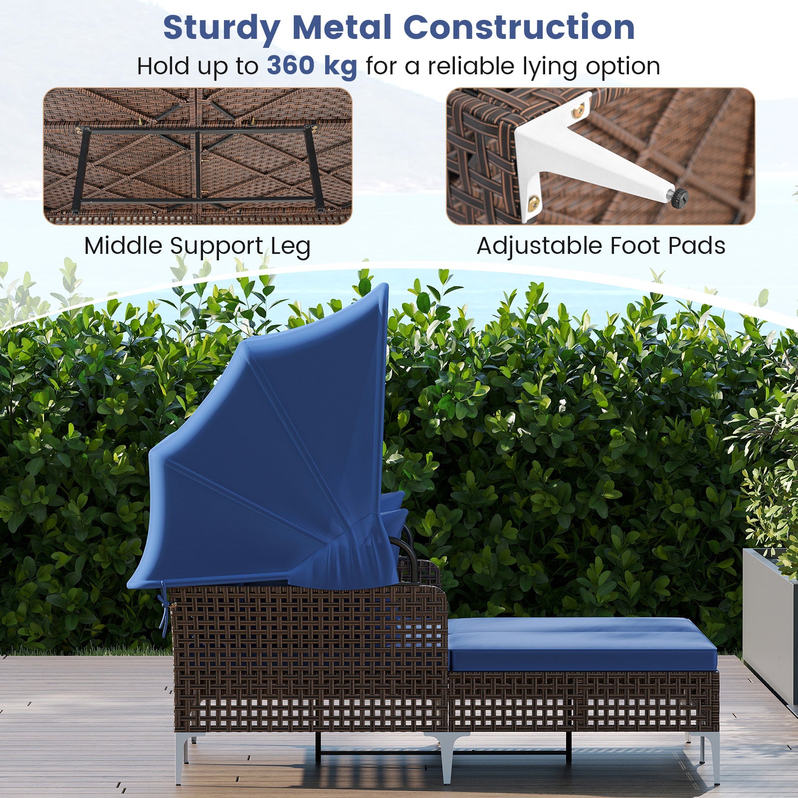 Outdoor Daybed with Retractable Canopy PE Wicker Rattan Patio Lounger, Navy Outdoor Chaise Lounges at Gallery Canada