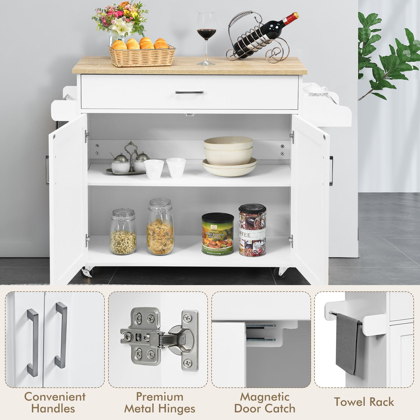 Rolling Kitchen Island Cart with Towel and Spice Rack, White Kitchen Islands & Carts at Gallery Canada